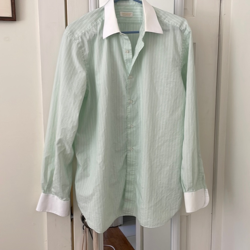 Large (17/43) light green button down with white pinstriping, cuffs, and collar.